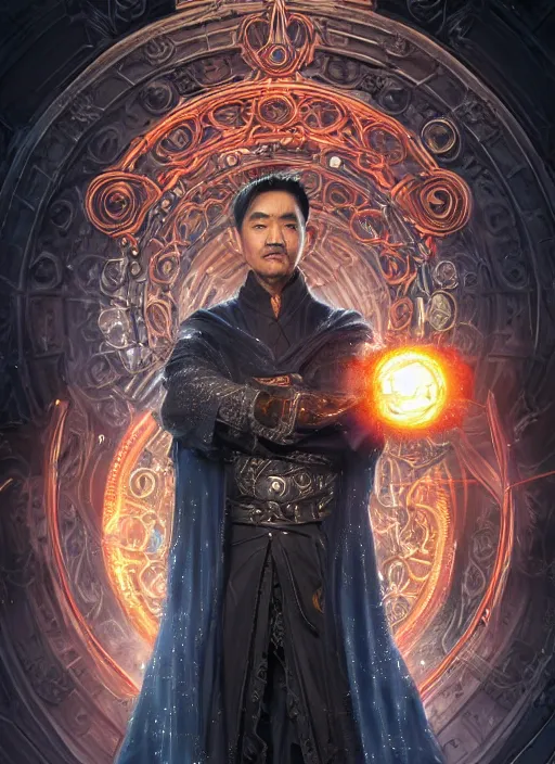 Image similar to a highly detailed illustration of Tony Leung Chiu-wai as wizard wearing ornate black robe and mage hat, dramatic wielding glowing orb pose, with guardian angle floating behind him, intricate, elegant, highly detailed, centered, digital painting, artstation, concept art, smooth, sharp focus, league of legends concept art, WLOP