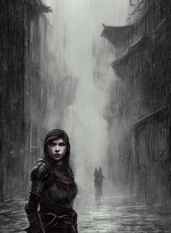 Image similar to a closeup portrait of an young woman from skyrim standing in an alleyway whilst raining, fantasy setting, city environment, serene colors, soft lighting, atmospheric, cinematic, moody, in the style of diego koi, gina heyer, luiz escanuela, art by alyssa monk, depth, hyperrealism, rule of thirds, golden ratio, oil on canvas, 8 k