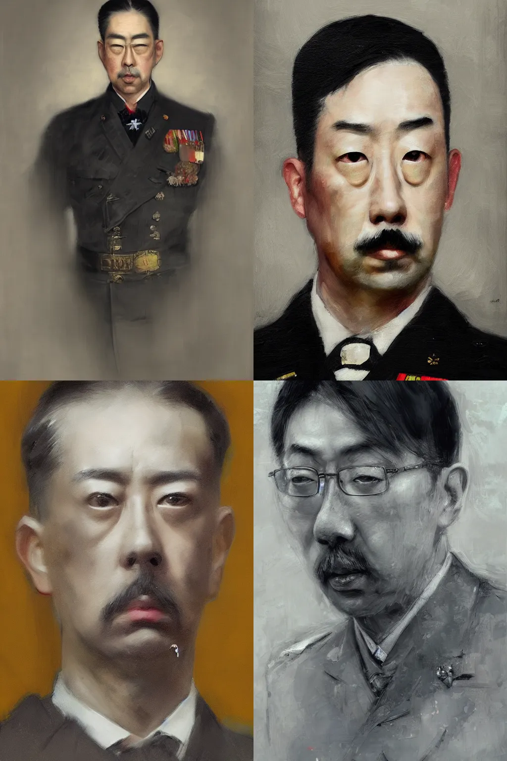 Prompt: A hyperdetailed digital oil portrait painting of Emperor Hirohito in the style of Guy Denning and Ruan Jia. Trending on ArtStation and DeviantArt. Digital art.