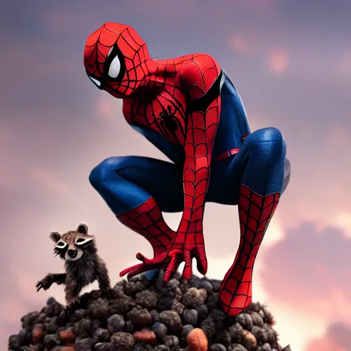Image similar to spider - man sit on top of big raccoon and eating donuts, action scene, concept art, trending on artstation, highly detailed, intricate, sharp focus, digital art, 8 k