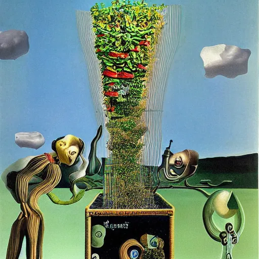 Image similar to a machine that converts plastic into plants. surrealism. salvador dali.