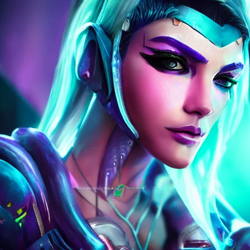 Image similar to Kalista from League of Legends portrait, Cyberpunk 2077, cyberpsycho, photorealistic, ultra detailed, neon, octane, bokeh, cyber, cyberpunk city, feature, scars, cyberface, 8k