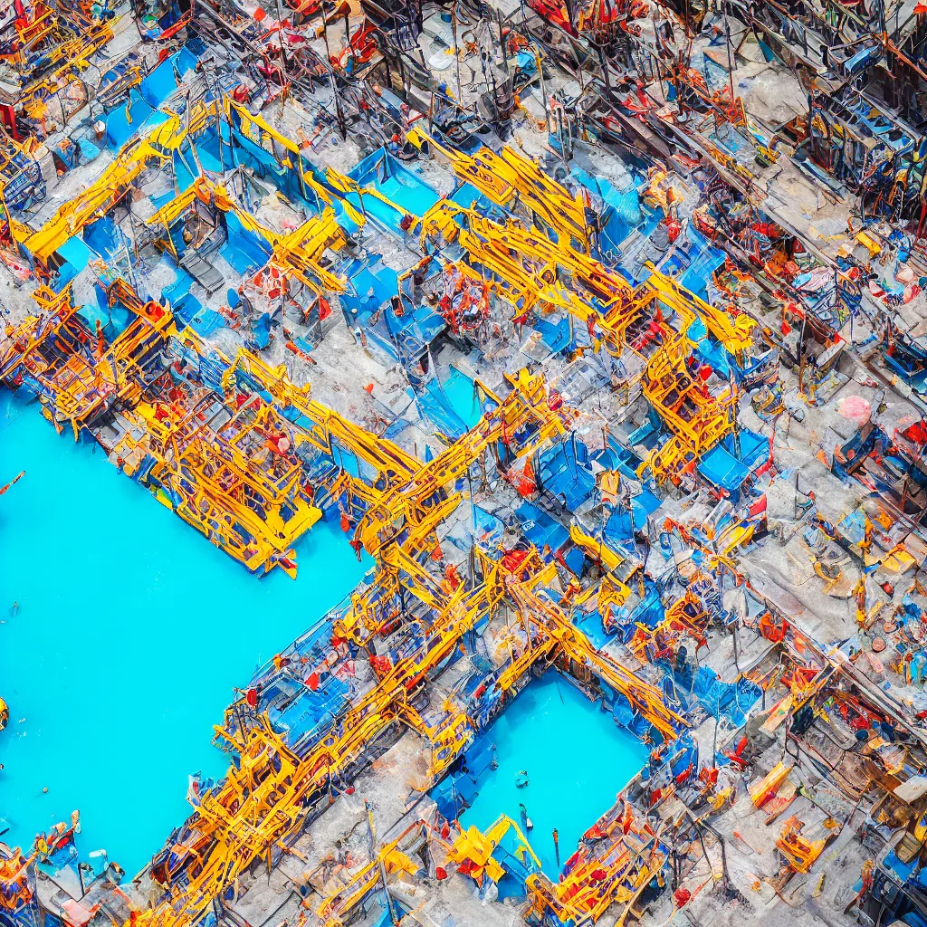 Image similar to colorful construction site with pools of bright blue water, birds eye view