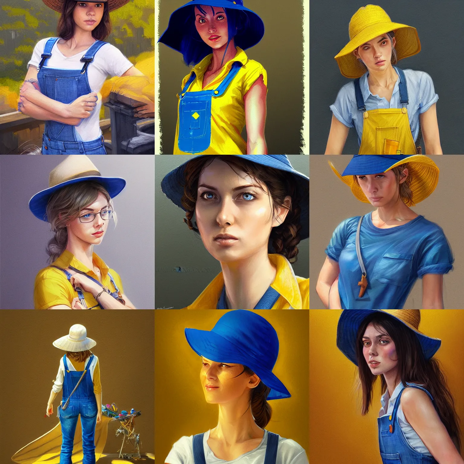 Prompt: woman, yellow shirt, blue overalls, straw hat, D&D, fantasy, highly detailed, digital painting, trending on artstation, concept art, sharp focus, illustration, art by artgerm and greg rutkowski and magali villeneuve