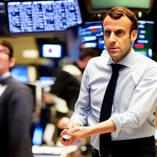 Prompt: film still Emmanuel Macron at Wall street stock exchange, exulting from joy, in the big short (2015)