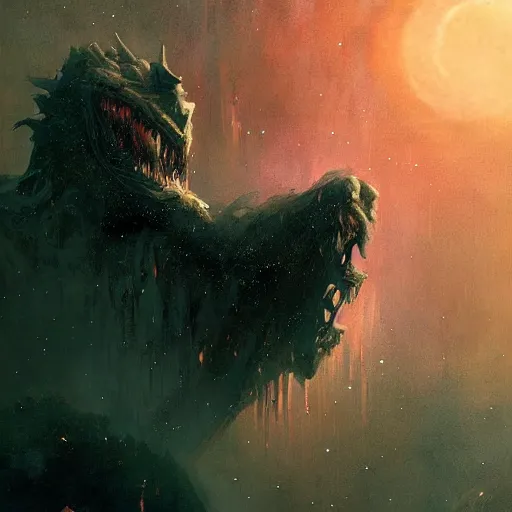 Prompt: a beautiful terrifying monster made out of space and stars. ethereal horror fantasy art by greg rutkowski