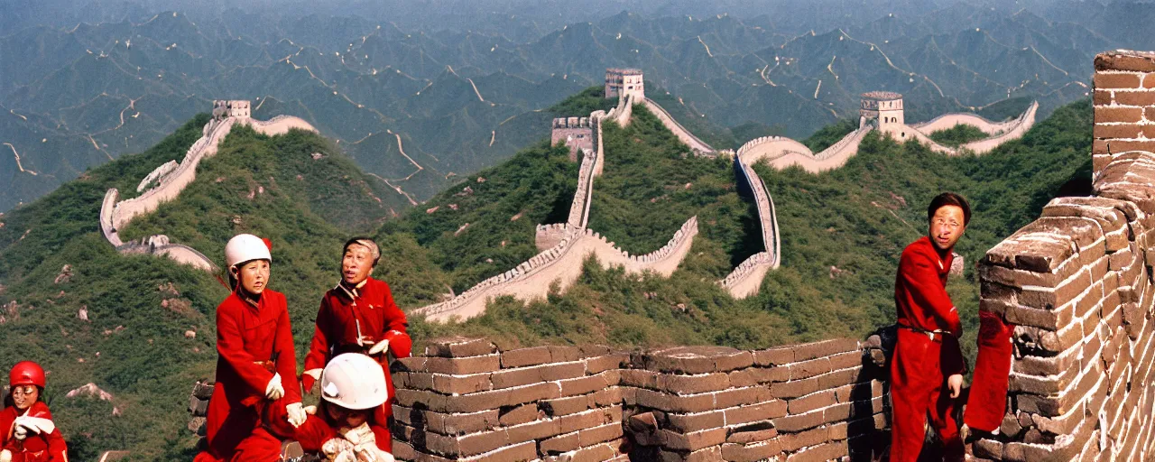 Image similar to spaghetti on top of building the great wall of china, fine detail, canon 5 0 mm, in the style wes anderson, kodachrome, retro