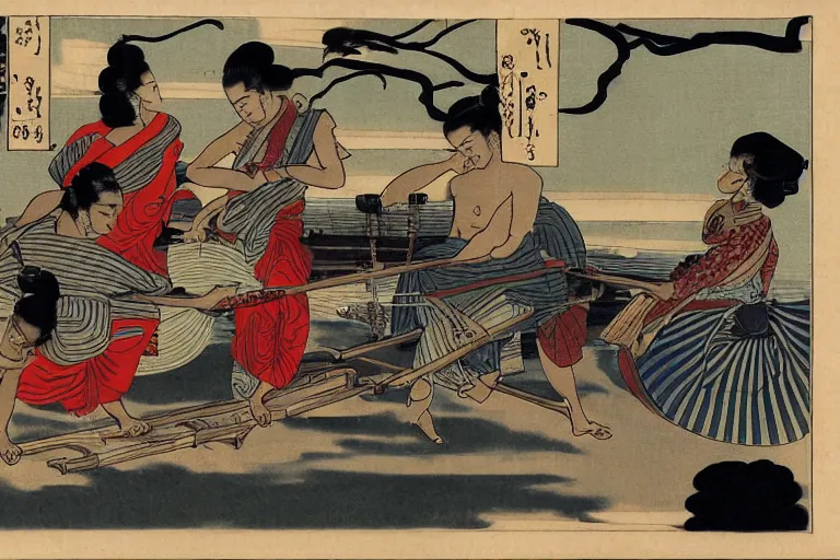 Image similar to sri lankan fuel line, in the style of ukiyo-e