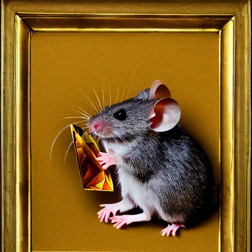 Image similar to armored mouse reaches for floating crystal, famous oil painting, award winning, 8k scan