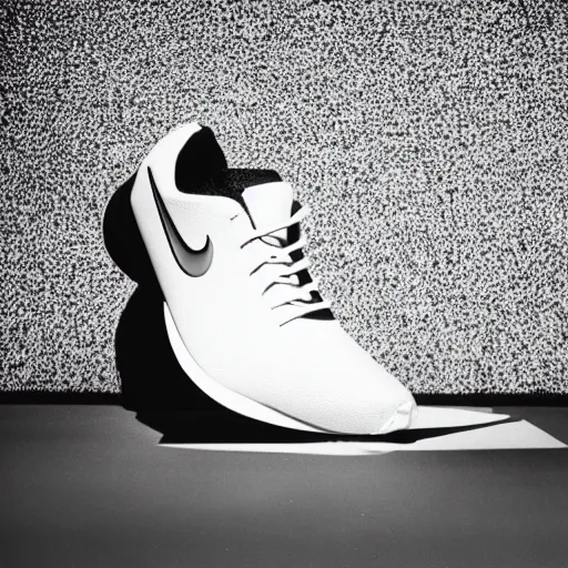 Image similar to a studio photoshoot of A Nike running sneaker designed by Dieter Rams, Fear or God, realistic, color film photography by Tlyer Mitchell, 35 mm, graflex