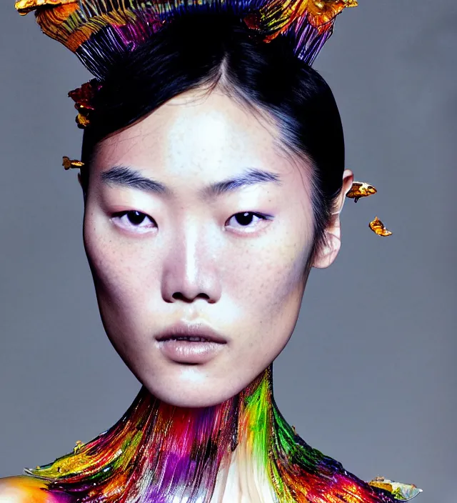 Image similar to photography american portrait of liu wen, natural background, sensual lighting, natural fragile pose, wearing stunning dress by iris van herpen, with a colorfull makeup. highly detailed, skin grain detail, photography by paolo roversi, nick knight, helmut newton, avedon, araki