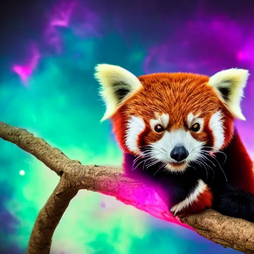 Image similar to Red Panda in space in front of a purple nebula