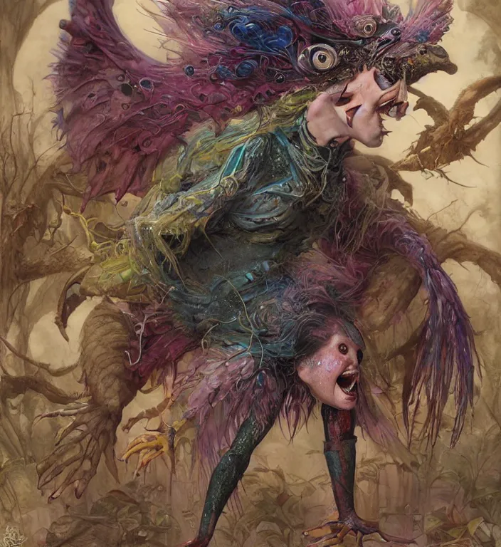 Prompt: a portrait photograph of julia stiles as a colorful harpy super hero with mutated slimy wet skin. she is trying on a amphibian creature suit and transforming into a feathered alien beast. by tom bagshaw, donato giancola, hans holbein, walton ford, gaston bussiere, peter mohrbacher and brian froud. 8 k, cgsociety