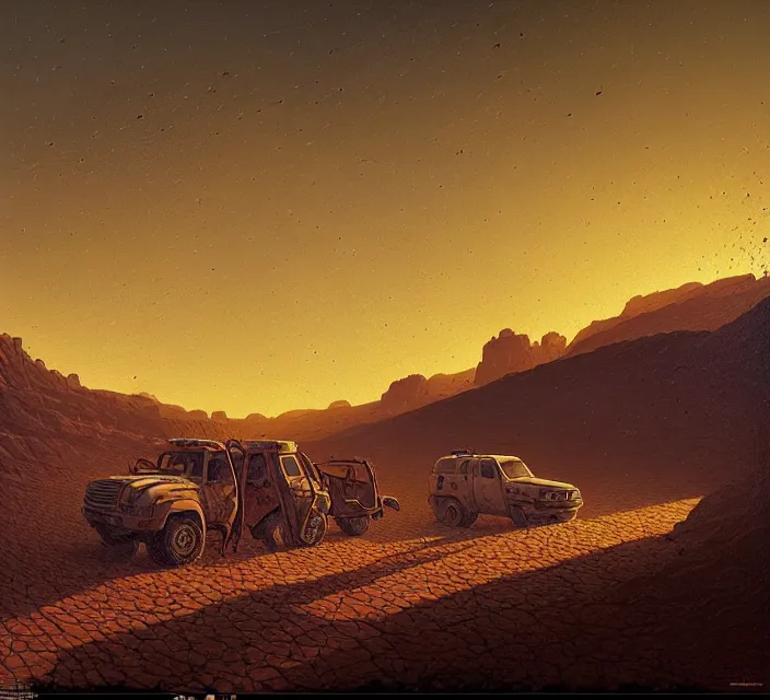 Prompt: the crash site at a dry river bed in a barren 🏜 by ivan shishkin and zacharias aagaard and simon stalenhag and dan mumford and josan gonzalez, chiaroscuro, tonalism, sfumato, high saturation, retrowave