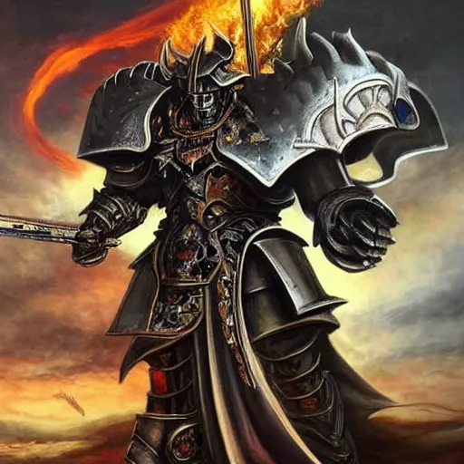 Image similar to a hyperrealistic magnificent robot holding a powerful sword, archaon the everchosen, terminator, Terminator: Dark Fate, most beautiful image ever created, emotionally evocative, greatest art ever made, lifetime achievement magnum opus masterpiece, the most amazing breathtaking image with the deepest message ever painted, a thing of beauty beyond imagination or words