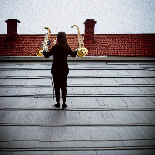 Image similar to a woman playing the saxophone on the roof of a building while it's raining, photo, golden hour