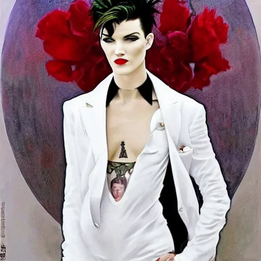 Image similar to stunning portrait of androgynous ruby rose as desire from sandman in a white tuxedo!!!, rockabilly style, by frank moth, by alphonse mucha, by jeremy mann, by peter lindbergh, dave mckean, white suit and black tie, soft lightning, high detailed, 8 k