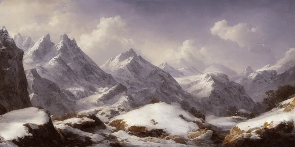 Image similar to great mountains snowing landscape, 16k