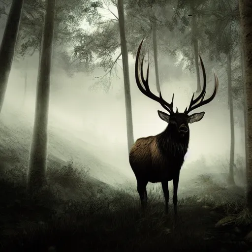 Prompt: An elk looking at the camera with red eyes in a dark misty forest, artstation, cinematic, detailed