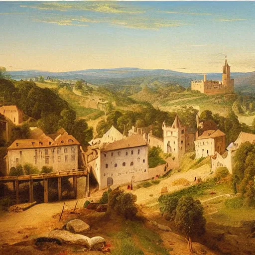 Prompt: a painting of a medieval town on top of a mountain, a matte painting by Charles Cundall,hudson river school, matte painting, rococo, detailed painting