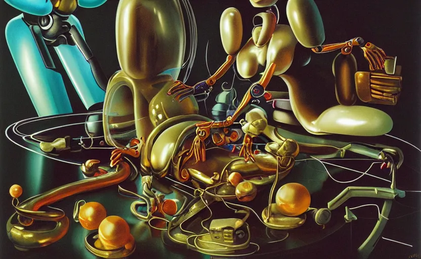 Image similar to strange curvy seductive futuristic robot body, enticing colorful oil painting dutch golden age vanitas eros still life sparse composition with bulbous objects strange gooey transparent surfaces shiny metal reflections bizarre mutant meat insects rachel ruysch dali todd schorr very detailed perfect composition rule of thirds masterpiece canon 5 0 mm, cinematic lighting, photography, retro, film, kodachrome