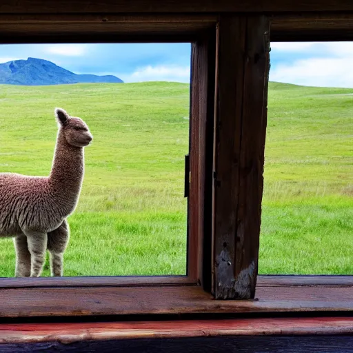 Prompt: <photograph accurate=true quality=very-high>looking out the window at a serene meadow</photograph><object>flowers</object><object>alpaca</object>