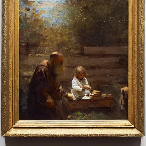 Image similar to St. Joseph using a saw to cut wood with a small child seated on a stool beside him, ancient worn robes, by Jeremy Mann, stylized, detailed, realistic, loose brush strokes, simple, wholesome, earthy tones, touch of gold leaf