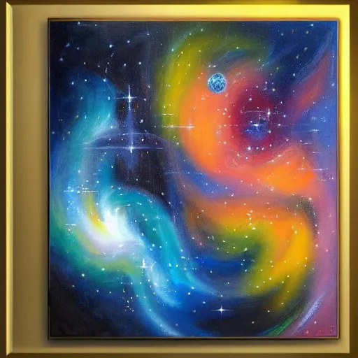 Prompt: geometry will draw the soul toward the truth and create the spirit of philosophy, galactic nebula, surrealist oil painting