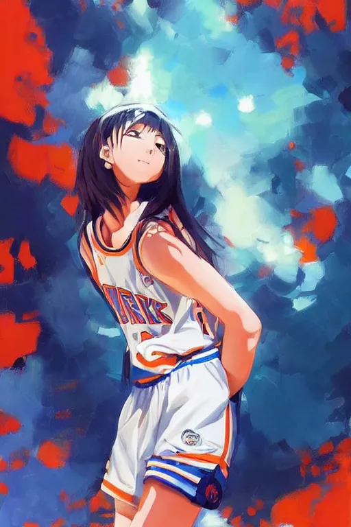 Prompt: A ultradetailed beautiful panting of a stylish anime girl, she is wearing a New York Knicks basketball jersey, Oil painting, by Ilya Kuvshinov, Greg Rutkowski and Makoto Shinkai