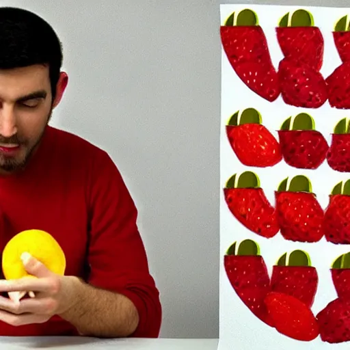 Image similar to man eating fruit made out of paper