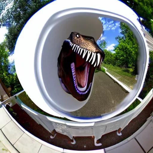 Prompt: fisheye view of dinosaur stealing packages from front porch, ring doorbell view