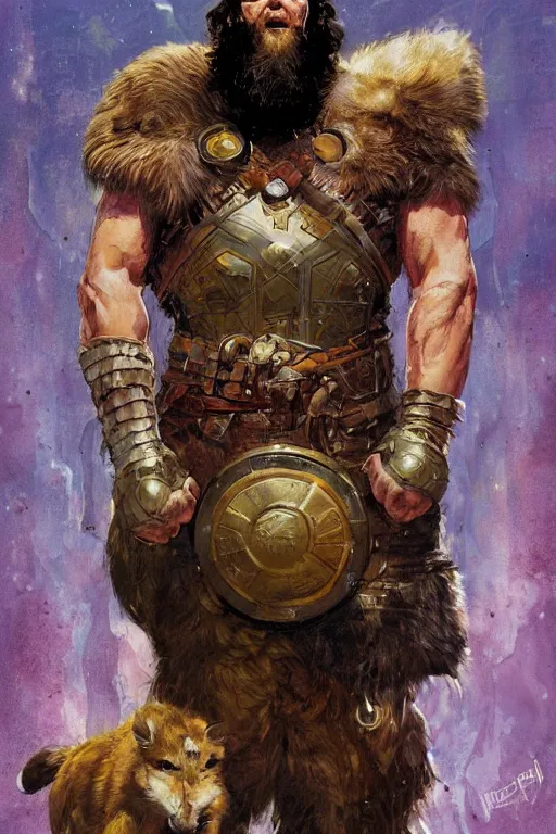 Prompt: pulp scifi fantasy illustration full body portrait marvel superhero viking braun strowman wearing animal skins, by norman rockwell, jack kirby, bergey, craig mullins, ruan jia, jeremy mann, tom lovell, 5 0 s, astounding stories, amazing, fantasy, other worlds