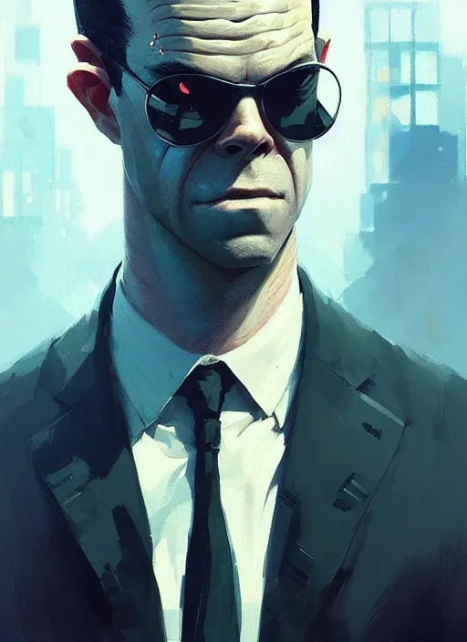 Image similar to highly detailed portrait of agent smith ( matrix ), epic, photographic realistic background, by atey ghailan, by greg rutkowski, by greg tocchini, by james gilleard, by joe fenton, by kaethe butcher, trending on instagram, award winning details