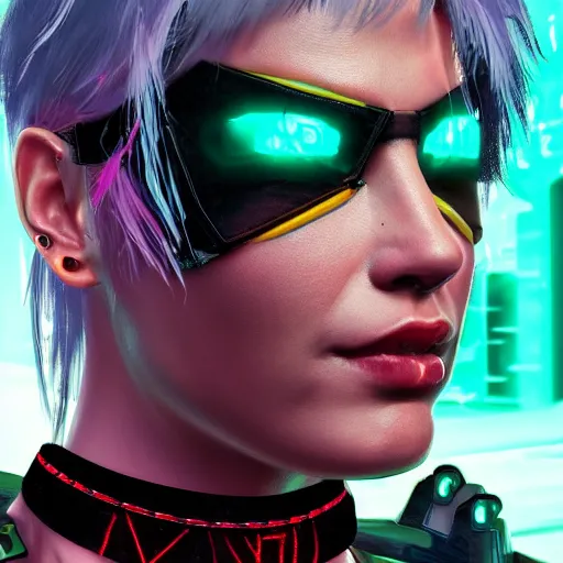 Image similar to headshot of punk female from cyberpunk 2077 wearing thick steel choker around neck, 4K, detailed face, collar on neck, realistic, artstation, neon,