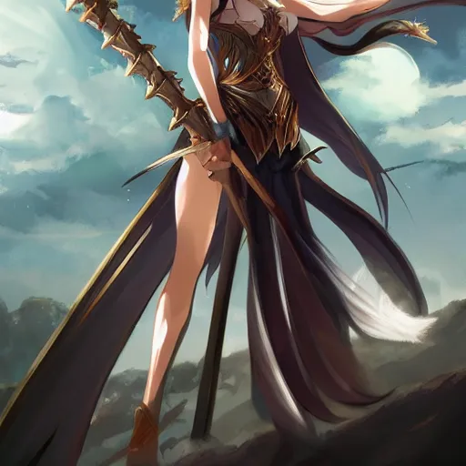 Prompt: epic cinematic anime concept art. Seraphim angel girl holding a giant holy halberd, wearing shining armor at sunrise. ArtStation, Pixiv