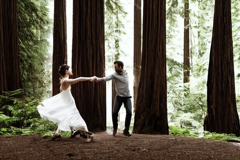 Prompt: cinematography closeup portrait of couple dancing in the redwood forest, thin flowing fabric, natural light by Emmanuel Lubezki