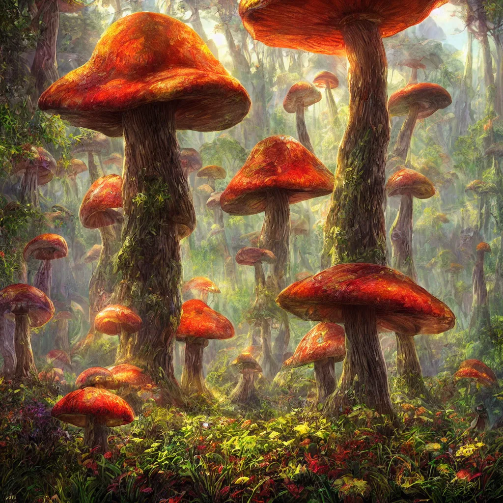 Image similar to bright, colorful, realistic, detailed from Elder Scrolls: shivering isles concept mania mushroom forest realm of madnessa portrait backlighting, kodachrome, high contrast, highly detailed, sharp focus, digital painting, concept art, illustration, trending on artstation, comic book by Alex Ross and Adam Adamowicz cover art