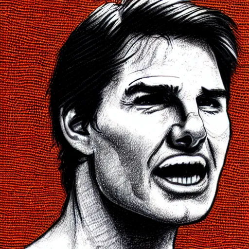 Image similar to a portrait drawing of Tom Cruise drawn by Robert Crumb