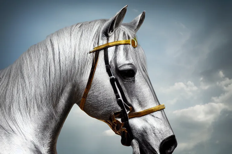 Image similar to knight horse, chrome, reflect, ultra realistic!!!, clear weather, golden hour, sharp focus