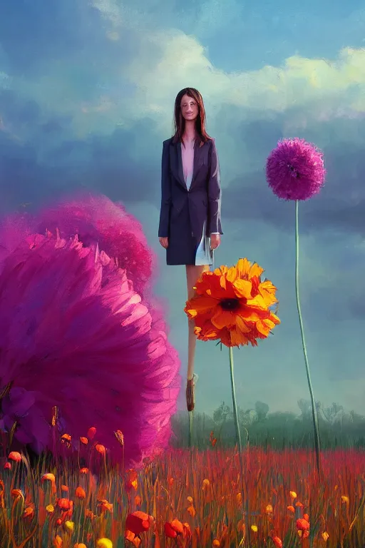 Image similar to closeup, giant flower head, girl in suit standing in a field of flowers, surreal photography, sunrise, blue sky, dramatic light, impressionist painting, digital painting, artstation, simon stalenhag