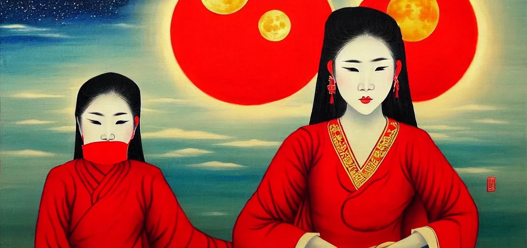 Image similar to vietnamese female with white cloth mask wearing traditional red ao dai, full moon on the sky, a ultra detailed beautiful panting by le pho