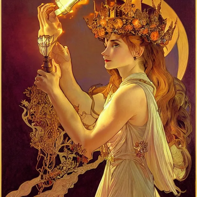 Image similar to an aesthetic! a detailed portrait of a vailed woman, with a crown, holding a lantern with mountains of gold in the background, by frank frazetta and alphonse mucha, oil on canvas, art nouveau dungeons and dragons fantasy art, hd, god rays, ray tracing, crisp contour lines, huhd