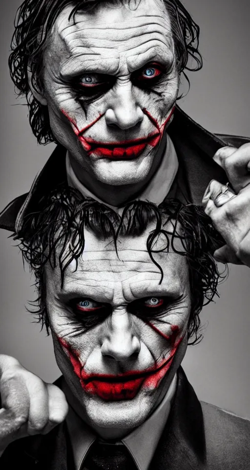 Image similar to mads mikkelsen as the joker, portrait, photograph, poster, focus