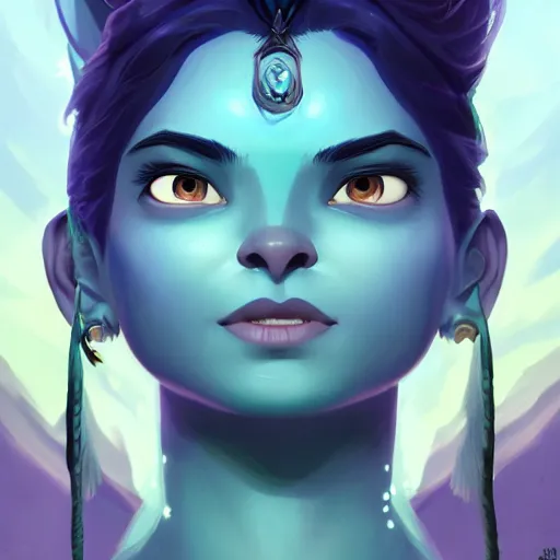 Image similar to portrait of shiva, blue skin, powerful and majestic look, mattepainting concept blizzard pixar maya engine on stylized background splash comics global illumination lighting artstation, sharp focus, lois van baarle, ilya kuvshinov, rossdraws