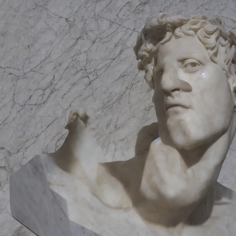 Prompt: hyperrealistic monumental polished marble classical bust sculpture with a film of a sunset projected onto its surface, high contrast hyperrealism trending on arstation 8 k