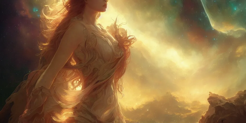 Image similar to vast nebula, ultra realistic illustration, alanis guillen, intricate, elegant, highly detailed, digital painting, artstation, concept art, smooth, sharp focus, illustration, art by artgerm and greg rutkowski and alphonse mucha