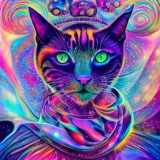 Image similar to a galaxy colored psychedelic chakra awakening kundalini ethereal portrait of a cat with her eyes closending to a higher plane of existence, eternal blessing, multiverse, by android jones, by ben ridgeway, visionary art, by artgerm, featured on artstation, cgsociety, by greg rutkowski