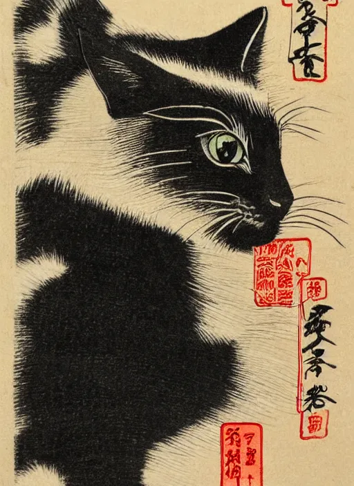 Prompt: japanese woodblock print, black cat, blue eyes
