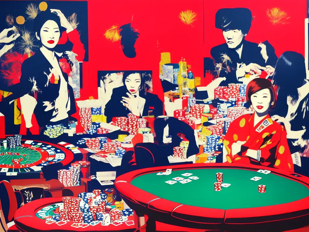 Image similar to hyper - realistic composition of a room with an extremely detailed poker table, croupier in traditional japanese kimono standing nearby fireworks in the background, pop art style, jackie tsai style, andy warhol style, acrylic on canvas