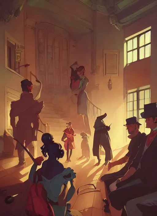 Prompt: people gathering in the town hall, 1 9 th century, in the style of artgerm, gerald brom, atey ghailan and mike mignola, vibrant colors and hard shadows and strong rim light, plain background, comic cover art, trending on artstation